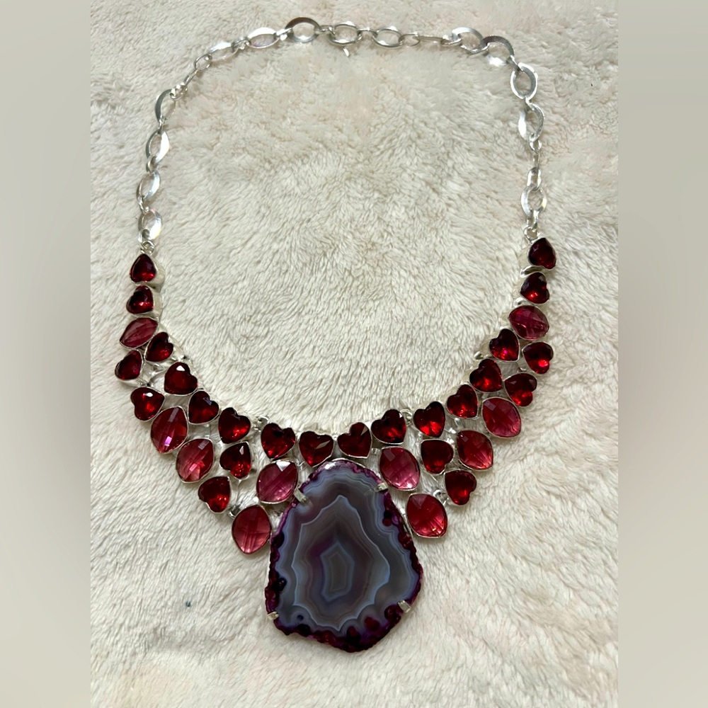 Heart red burgundy glass statement stone necklace semi precious silver tones